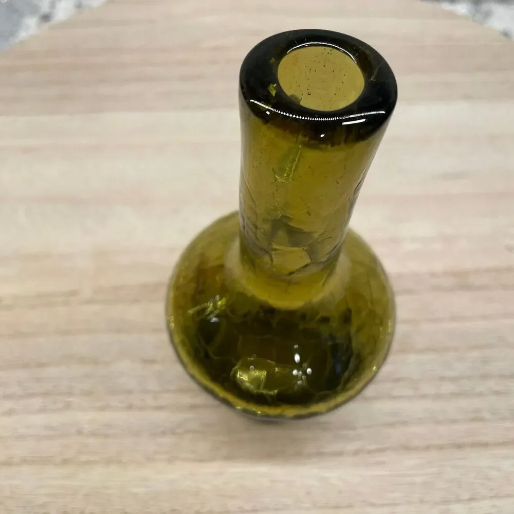 Vintage Pilgrim Olive Green Crackle Glass Mini Pitcher MCM Hand Blown 5.25